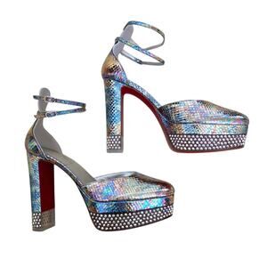 Christian Louboutin Cassandrinetta Alta Silver Crystal Platform Heels 37 US 7